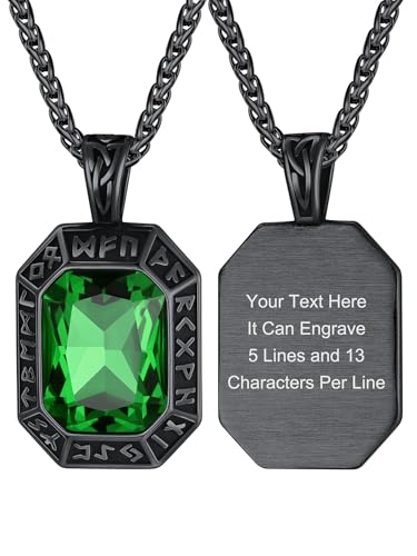 Image of ChainsHouse Viking Rune Pendant Necklace for Men Women, Punk Biker Black Metal /316L Stainless Steel Onyx Norse Vintage Amulet Necklaces with Black /Red /Green /Blue Gemstone, Send Gift Box