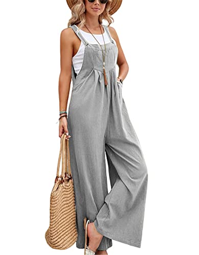 SotRong Latzhose Damen Weite Bein Schlag Jumpsuit mit Tasche Loose Fit Baggy Playsuits Sommer Boho Strampler Ärmellos Riemchen Overalls Casual Adjustable Bib Pants Hellgrau M