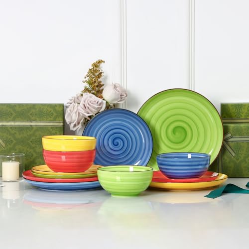Image of Selamica Ceramic Plates and Bowls Sets,12 Pieces Dinnerware Sets for 4,Scratch Resistant Dish Set,Dishwasher & Microwave Safe, Dopamine