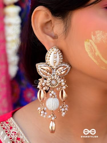 Image of SANJOYA Hand Embroidered Gold-Toned Cowrie Shell & Pearl Statement Jewellery Earrings for Women & Girls| Kundan Floral Ethnic Danglers | Lightweight Jewelry for Haldi, Mehndi, Sangeet & Wedding