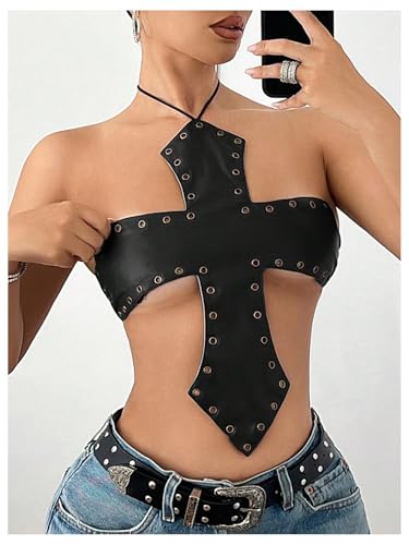 MakeMeChic Women's PU Leather Top Tie Backless Halter Grommet Eyelet Y2K Going Out Tops4