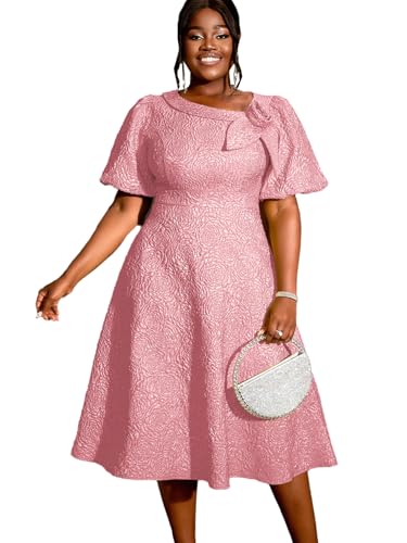 Image of AOMEI Women's Irregular Neck with Flower Short Puff Sleeve High Waist A-Line Jacquard Dress