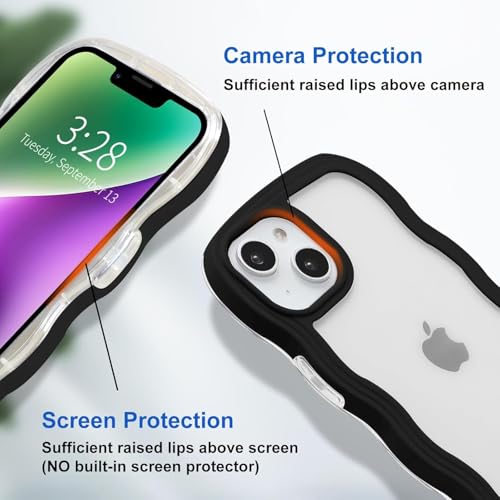Image of GoldKart iPhone 13 /14 Case Wavy Edge Clear Back Design, Anti-Slip Grip Cute Wave Curly Frame Shape Shockproof Soft TPU & Hard PC Bumper Protective Phone Case Cover for Women Girls - Black