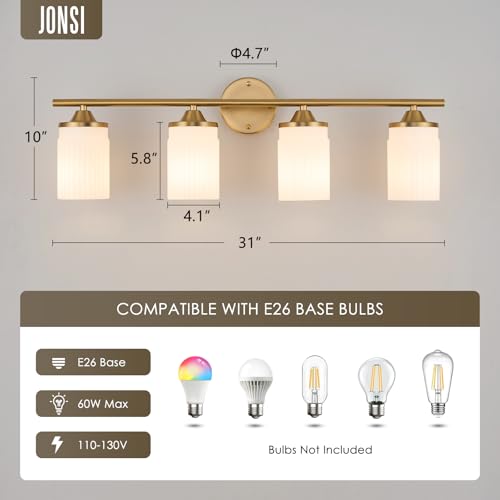 Image of Jonsi Gold Bathroom Light Fixtures 4-Light Vanity Lights Modern Wall Sconce with Milk White Shade Brushed Brass Bathroom Light Fixture Over Mirror for Bedroom Hallway Kitchen
