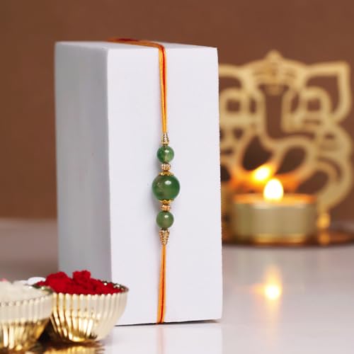 Image of Shubhanjali Crystal Beads Rakhi for Brother | Handmade Healing Crystal Stone Designer Rakhi for Bhaiya | Raksha Bandhan Gift Set with Roli Chawal, Kumkum, Greeting Card & Potli