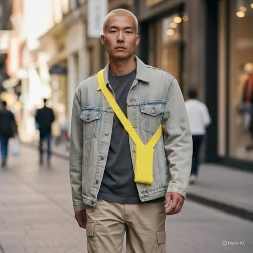 Image of iPhone Pocket features a singular 3D-knitted construction designed to fit any iPhone a beautiful way to wear and carry nitted Scarf with Contrast Stripe Detail, Unisex, (Yellow) (Long)
