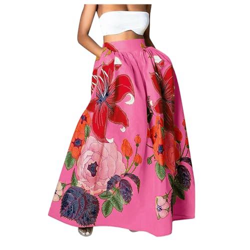Maxirock Damen Blumen High Waist Party Lang Rock mit Tasche Blumenmuster Swing Strandrock Festlich Rock Hochzeit Cocktail Langrock (A-Pink, S)
