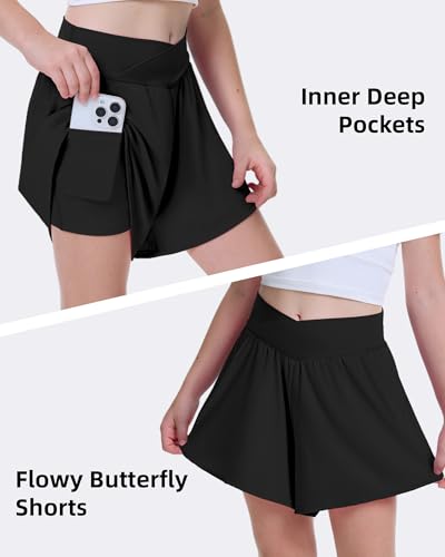 FireSwan Girls Butterfly Shorts Crossover Athletic Shorts with Pockets 2 in 1 Flowy Running Skorts for Teen, Girls, Youth3
