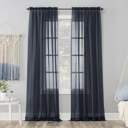 Image of No. 918 Emily Sheer Voile Rod Pocket Curtain Panel, 59 inch x 63 inch, Navy Blue