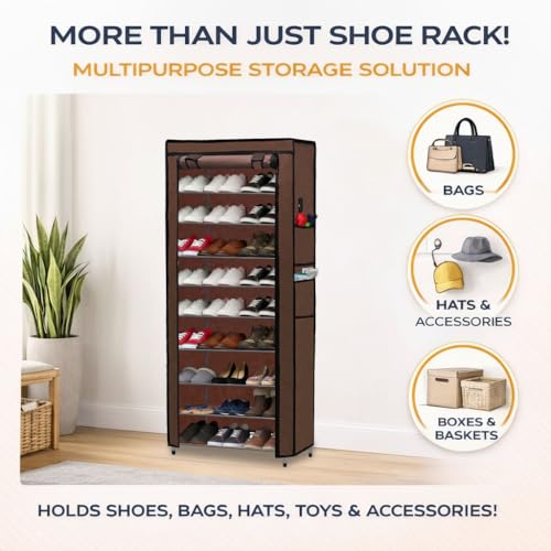 Image of Metal Shoe Stand with Cover, 9 Tier Shoe Organizer for Home & Office - Brown