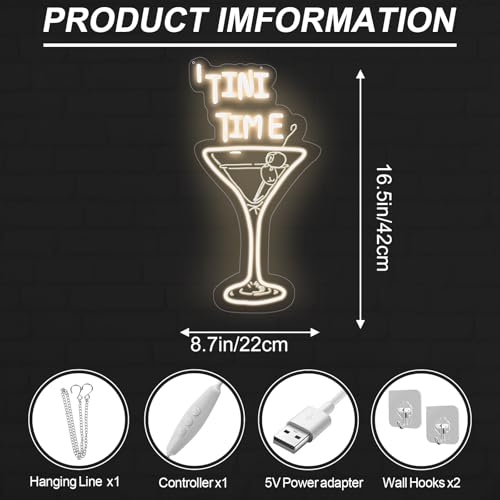 Image of Tini Time Neon Sign Martini LED Light for Bars Elegant Cocktail Glass Decor | USB Powered Dimmable Martini Cocktail Bar Wall Decor, Bar Pub Decoration, Gift for Martini Lover, 16.5 inchx8.7 inch, Warm White