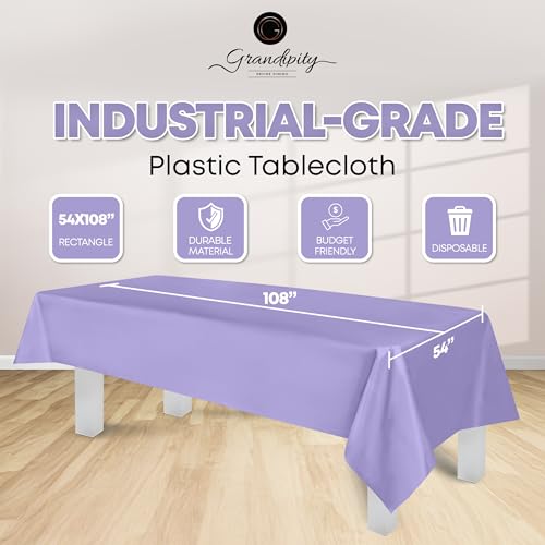 Image of Grandipity Plastic Table Cloth Disposable 12 Pack 54 inch x 108 inch Rectangle | Lavender Plastic table covers, durable disposable tablecloths, fade and tear-resistent table cover for party, event