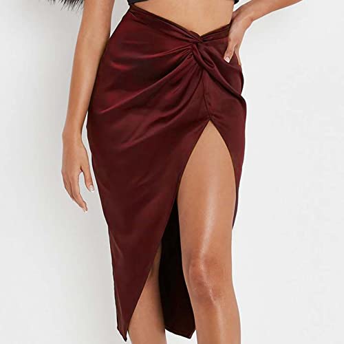 Women's Satin Skily Asymmetrical Split Slit Ruched Hight Waist Bodycon Midi Skirt 2024 Long Fashion Satin Skirts2