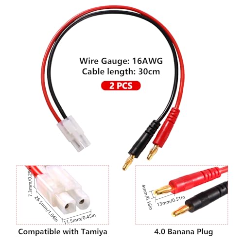 YIXISI 2 Stücke Kompatibel mit Tamiya zu 4.0 Bananenstecker RC Batterie Ladekabel, Kompatibel mit Tamiya Stecker auf 4.0mm Bananenstecker Adapter mit 30cm 16AWG Silikon Kabel, für Lipo Akku