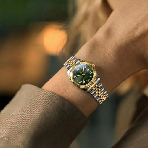 Image of Carlton London Harper Women Analog Watch, Round Dial, Stainless Steel Strap, Quartz Movement, Green Dial, Silver Strap, 30M Water Resistant | CLRLW-006