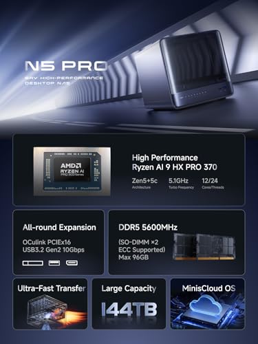 Image of MINISFORUM NAS N5 Pro 5 Bay AMD Ryzen AI 9 HX PRO 370 96GB ECC & 128GB SSD | Processor(12C /24T,up to 5.1GHz),Network Attached Storage Cloud Storage,1 * 10Gbe,1 * 5Gbe,3*M.2 NVMe Slots, HDMI /Type-C