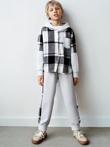 Boys Clothes Plaid Hooded Shirt 2pcs Outfit, Button Front Toddler Fall Winter Hoodie & Sweatpants Set, 4-8 years2