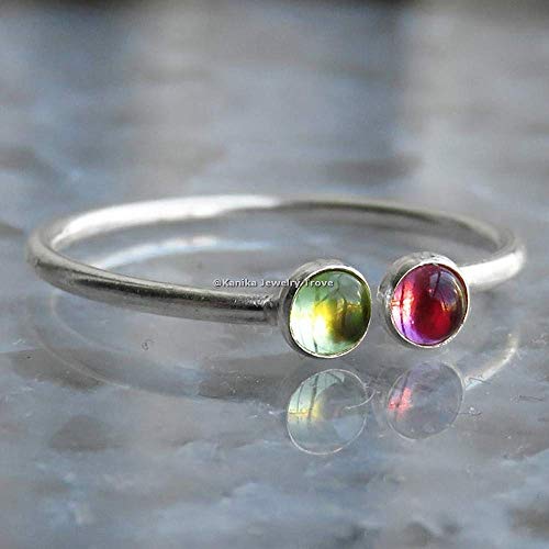 August Birthstone Rings-Green, Pink Gemstone Rings-Round Shape Peridot, Tourmaline Rings-925 Sterling Silver Rings For Womens-Adjustable Rings