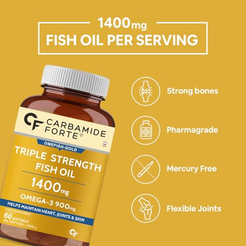 Carbamide Forte Triple Strength Omega 3 Fish Oil Capsules 1400mg | Fish Oil Omega 3 Supplement | Omega3 Fatty Acid Fishoil Supplement To Support heart, Joints & Skin - 1400mg | 60 Softgel Capsules