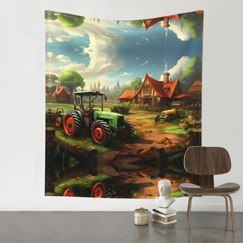 Tapisserie decorative d'interieur imprimee tracteur ferme 152x129cm