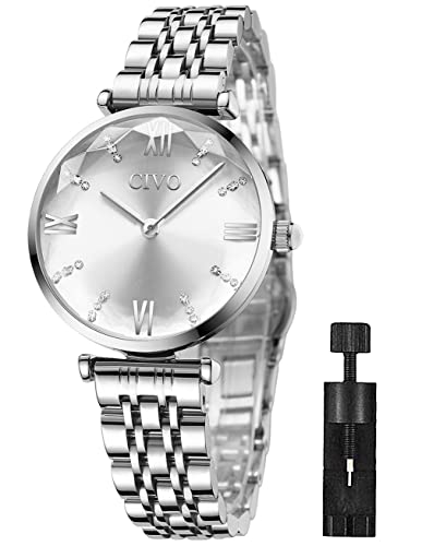 CIVO Montre Femme Argent Acier Inoxydable Bracelets de Etanche Luxe Analogique Quartz Mode Décontractée Cadeaux