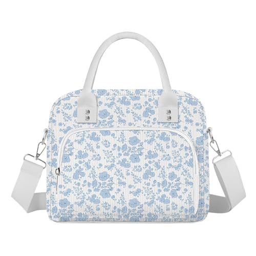 Lunch Bag Large Insulated Lunch Box for Women Men Adult Cute Blue Floral Lunchbox Corduroy Lunch Bags Boxes Pail with Shoulder Strap for Work Mom Picnic Office Travel 11.4×6.8×9.1 inches 11.5L