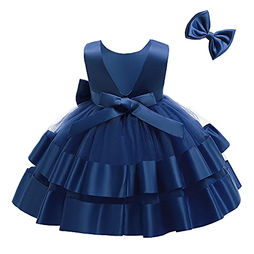 Baby Girls Big Bowknot Lace Dresses Toddler Ruffles Infant Easter Tutu Birthday Dress With Hair Bow 6M 12M Navy Blue 70 #TOP3