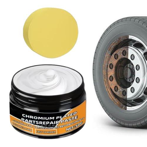 Genérico Limpiador de Cromo para Coche, Pasta Reparadora de Llantas 50g, Removedor de rayones de Coche con Esponja, para Coches, Camiones, SUV, Caravanas, Barcos, Remolques, Manijas,