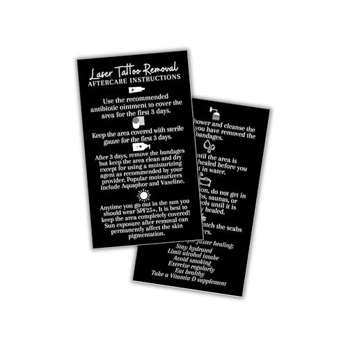 Boutique Marketing LLC Laser Tattoo Removal Aftercare Instructions Cards | 50 Pack | Size 2x3.5 inch inch Business Card | Black with White Design black, white