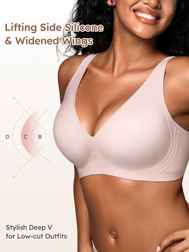 Image of Wireless Bras for Small Breasted Women - S-L Deep-V Jelly Seamless Bralette, Comfortable Padded T-Shirt Bra No Underwire Pink L