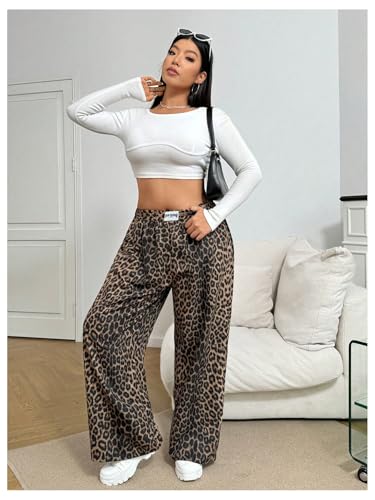 Image of RoseSeek Women's Letter Leopard Print Y2K Straight Elastic Waist Leg Pants | Cheetah Print, Straight, Baggy Loose Fit, Slant Pocket, Streetwear, Vintage, Graphic Trousers