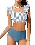 ZAANTI Tween Bathing Suits Square Neck Design Ruched Ruffle Trim Swim Suits for Girls 12-14 Years Old with Removable Chest Pad High Waist Two Piece Bathing Suits for Girls Stripe+Blue