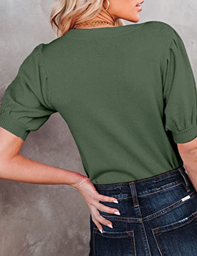 Image of Womens Puff Short Sleeve Sweater Tops Crewneck Basic Knit Pullover Lightweight Casual Sweaters