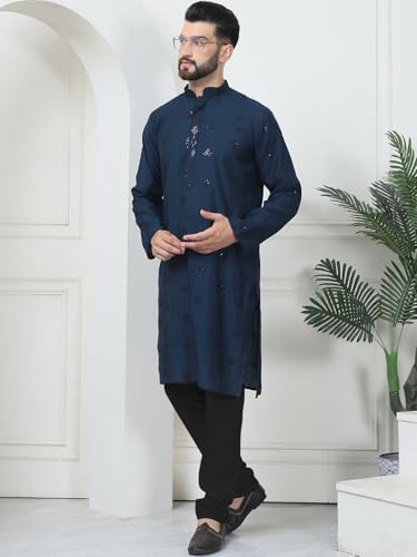 Image of SOJANYA (Since 1958 Men's Cotton Silk Sequinned Neck Embroidered Kurta with Black Pyjama