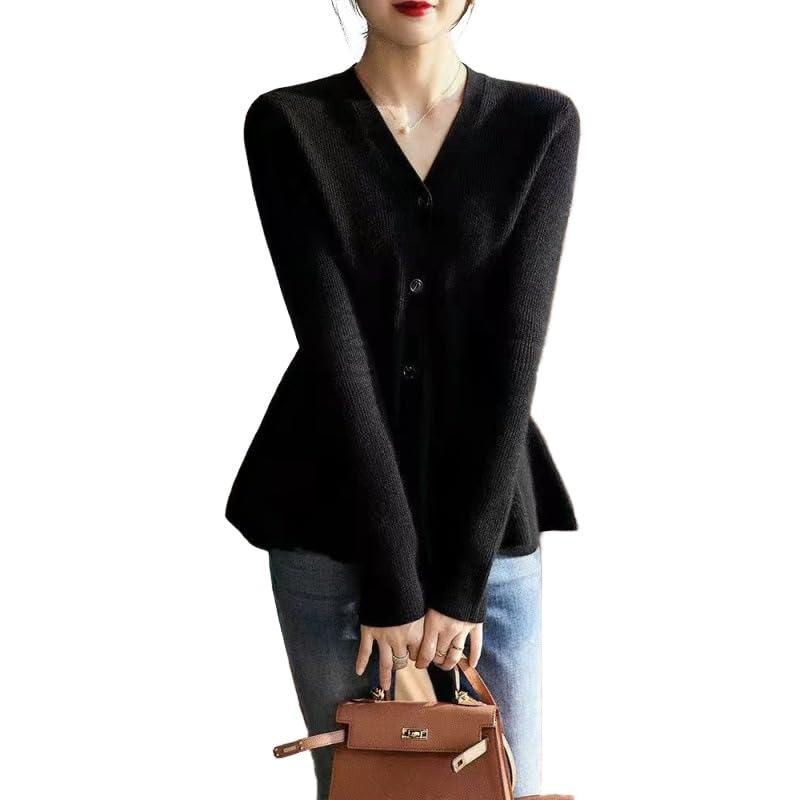 Apvirdy Womens V Neck Peplum Cardigan Sweaters Long Sleeve Cinched Waist Knit Cardigan Slim Fit Casual Fall Winter