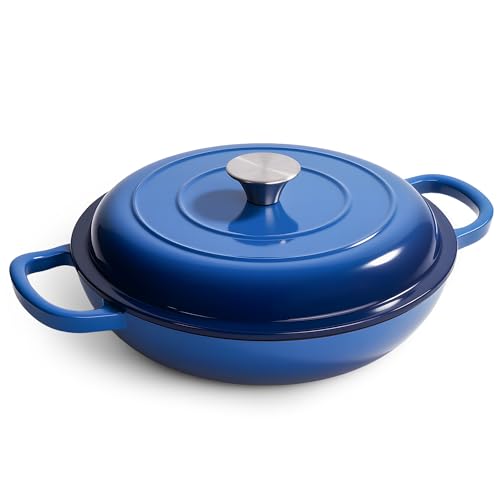 Comparison: Best Enameled Cast Iron Braiser 9 3 Quart Enameled Cast Iron Braiser, Non Stick Enameled Cast Iron Skillet with Lid, Dutch Oven Skillet with lid up to 500°F for Oven, Stove, Grill, Shallow Dutch Oven for Cook, Bake (Blue)