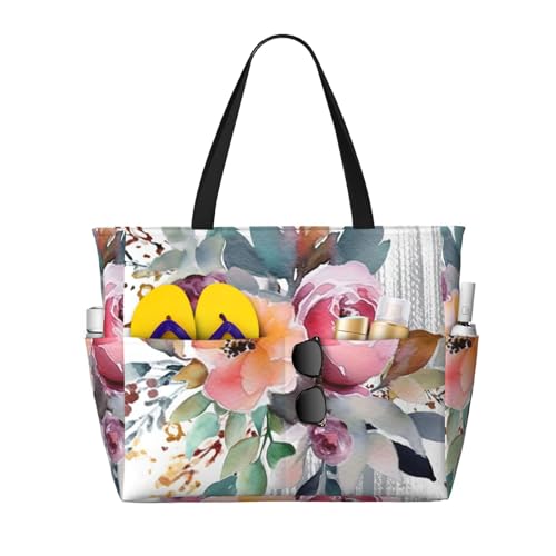 Beach Bags For Women Large Waterproof Sandproof Beach Tote Bag Lightweight Zipper Carry On Bag Watercolor Floral Corner Bouquet Pool Bag For Gym Travel Vocation