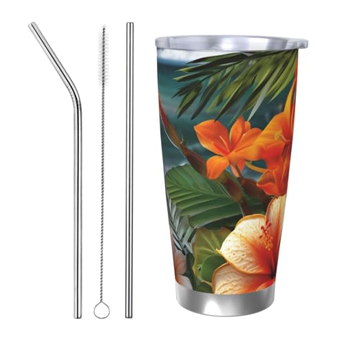 Vaso de café aislado de 20 onzas con tapa y pajilla, flores tropicales y decoraciones, vaso de doble pared aislada al vacío, a prueba de derrames, taza de café de viaje, regalos para cumpleaños o