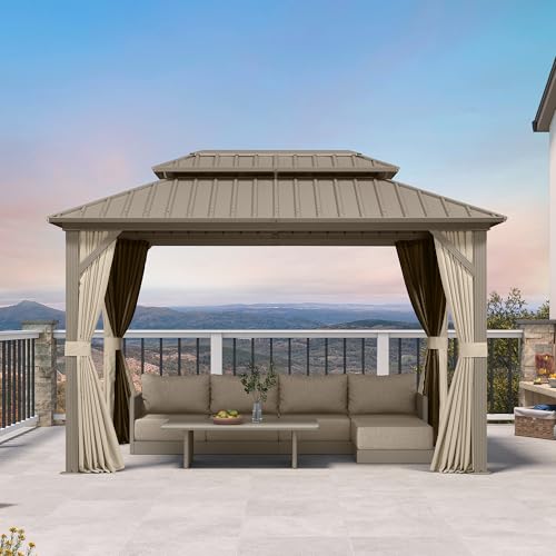 Image of PURPLE LEAF 8' x 12' Outdoor Hardtop Gazebo, Champagne Aluminum Gazebo with Galvanized Steel Double Roof, Curtains and Netting for Patio Lawn and Garden