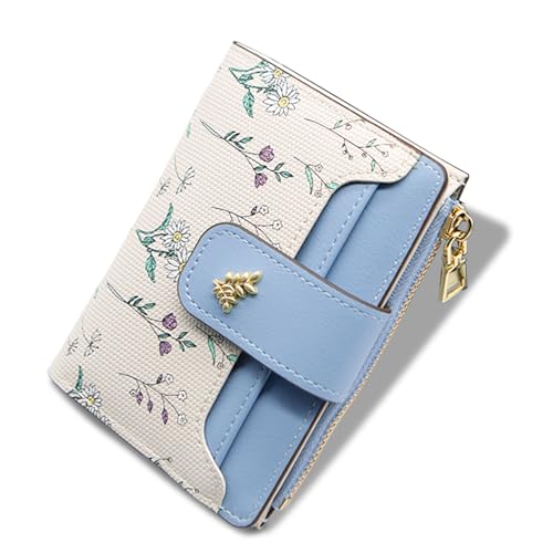LJCZKA Small Wallets for Women Bifold Leather Zipper Pocket Wallet Credit Card Holder Floral Purse Girls Ladies with ID Window (Blue)