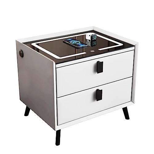 Table de chevet blanche design minimaliste avec LED et chargeur à induction discret