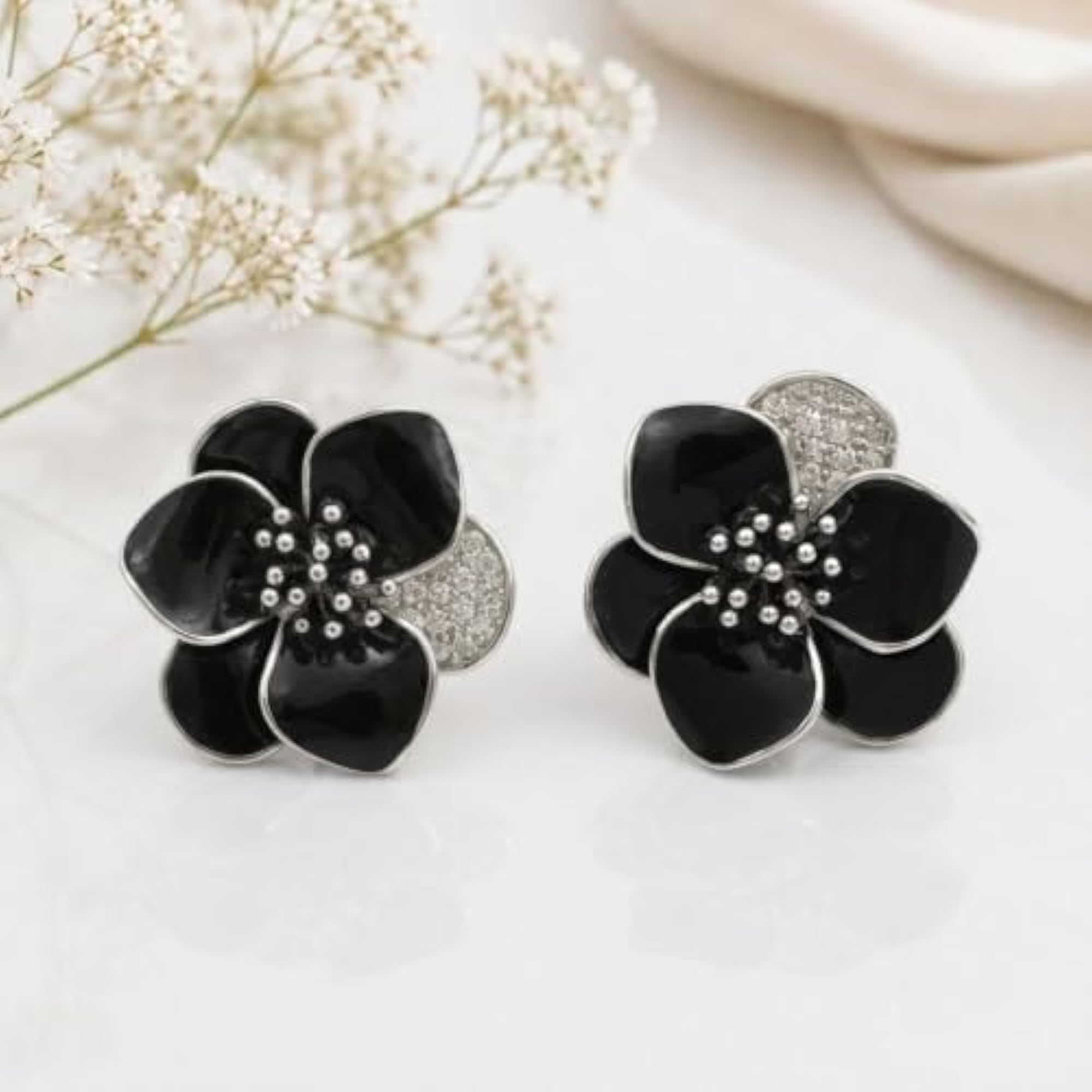 Floral 925 Sterling Silver Earrings with Enamel & AAA Stones