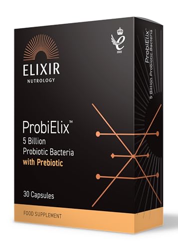 ELIXIR NUTROLOGY ProbiElix™ 30 Capsules – 5 Billion Probiotic Bacteria, Supports Digestive Health & Gut Balance, Includes Chicory Inulin, Vegan & Vegetarian Friendly. Made in The UK