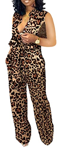 Sxclub SC5329-1 Leopard Jumpsuits For Women Dressy Sexy Elegant Sleeveless Button Down Long Straight Pants Rompers Party Clue thumb #1