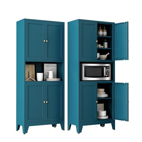 Image of 69 inch Tall Pantry Cabinet with Open Shelf,13.78 inchDeep By 28 inch Wide Storage Cabinet with Doors and Adjustable Shelves,Microwave Stand,for Kitchen Dining Room Living Room Bathroom,Teal Blue,1Pc