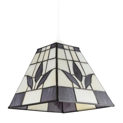 Image of Purple and Amber Stained Glass Traditional Square Tiffany Pendant Lighting Shade | 21cm x 17cm | Art Deco Style by Happy Homewares