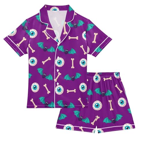 Satin Pajama Sets Short Sleeve Halloween Bats Bones Eyes Pattern Button Down Silky Nightwear 2 Piece PJS 5-14Y