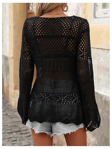 SHENHE Women's Front Tie Cardigan Bell Sleeve Hollow Out Lightweight Tunic Cardigan Sweaters2