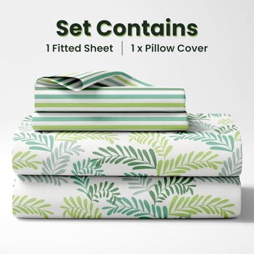 Image of LORETO - A QUALITY LINEN BRAND 144 TC 100% Pure Cotton Single Fitted Bedsheet with 1 Pillow Cover for 72 x 36 Inch Mattress, All-Around Elastic, 8 Inch Deep Pocket, Green Leafy Haven