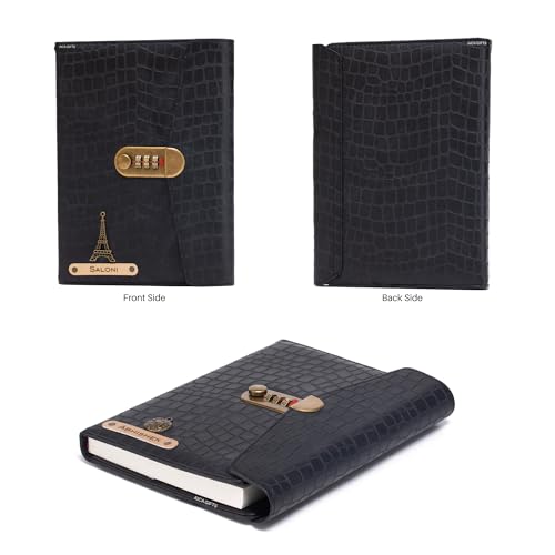 Image of AICA Personalized Name & Charm Leather Lock (Black) Diary � A5 Size 230 Pages with Combination Lock for Men & Women | Customized Planner Diaries Office Corporate Gift Items for Employee Colleagues